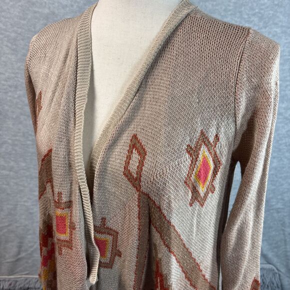Long Cardigan M Tan Red Orange Aztec Southwestern Open Artsy Earthy Cowgirl - Picture 4 of 13